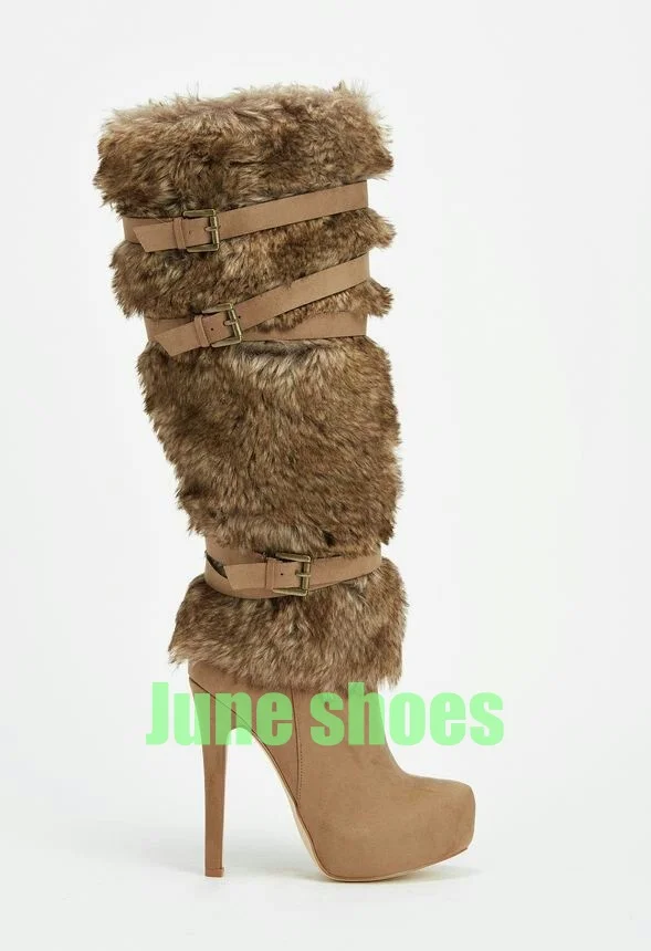 

Lady Fur Buckle Strap Knee Platform Boots Fur Suede Vintage Dark Brown Fur Footwear Size Stiletto Heel Retro Suede Warm Boots 46