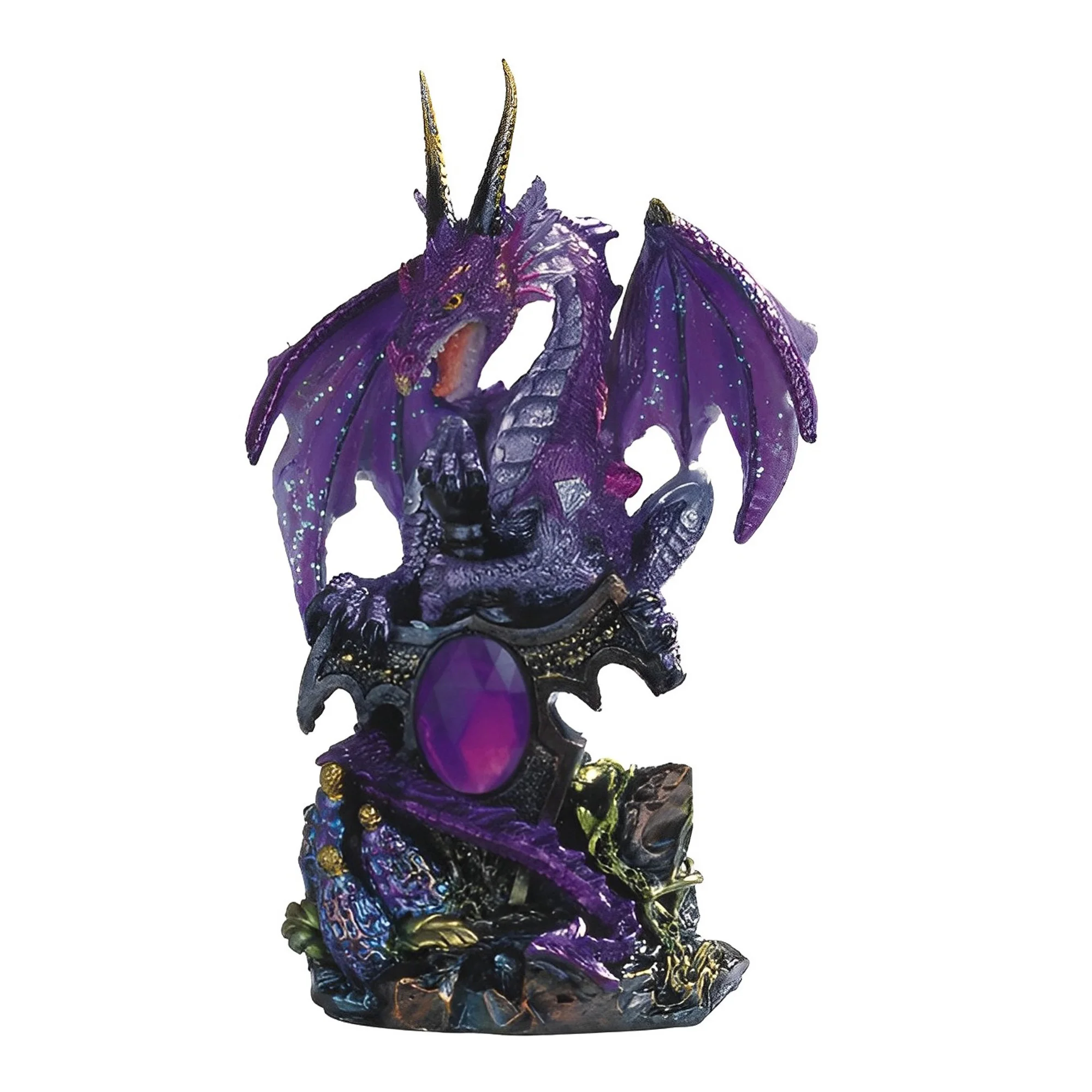 6"H Purple Dragon with Gem Figurine – Fantasy Dragon Statue with Faux Crystal Geode Base, Decorative Resin Collectible for Office Desk, Bookshelf, Home Decor, Gothic Gift for Dragon Lovers