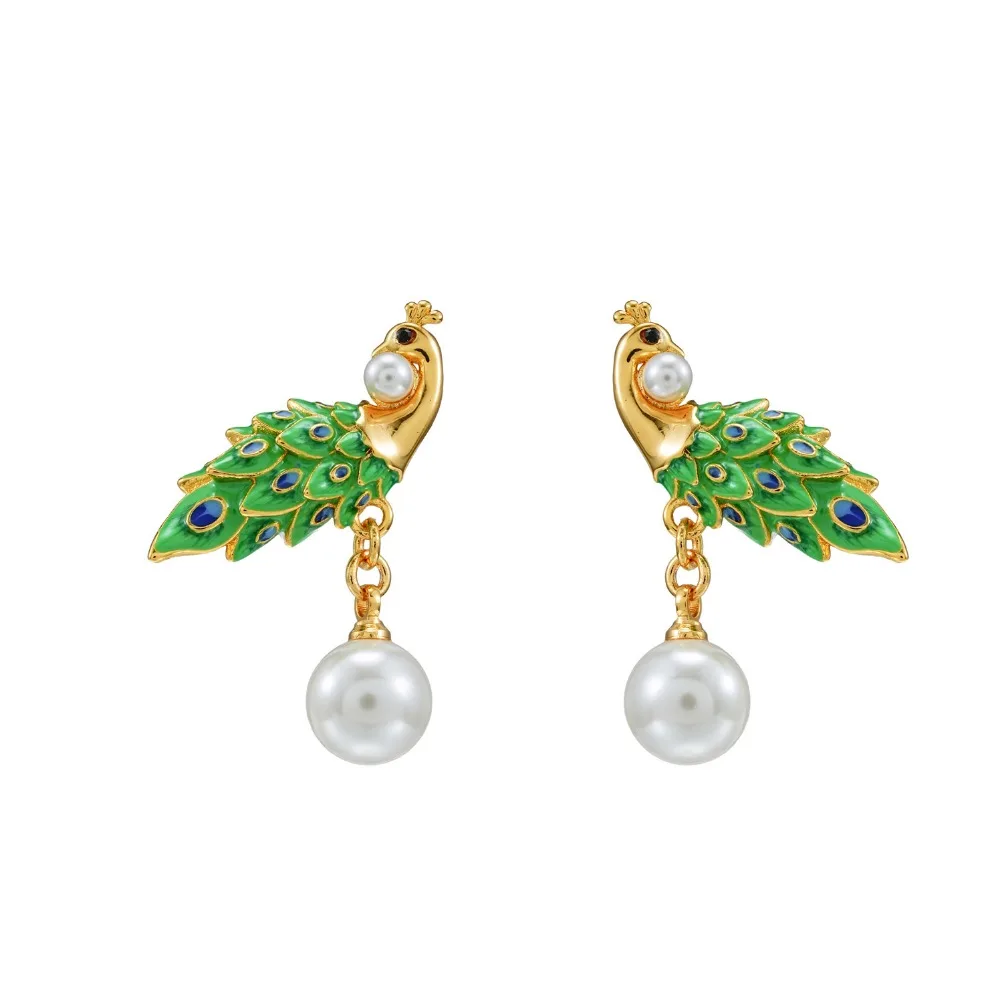 

New National Style Fashionable Enamel Glaze Peacock Glass White Pearl Tassel Earrings High-end Temperament Stud Earrings Women