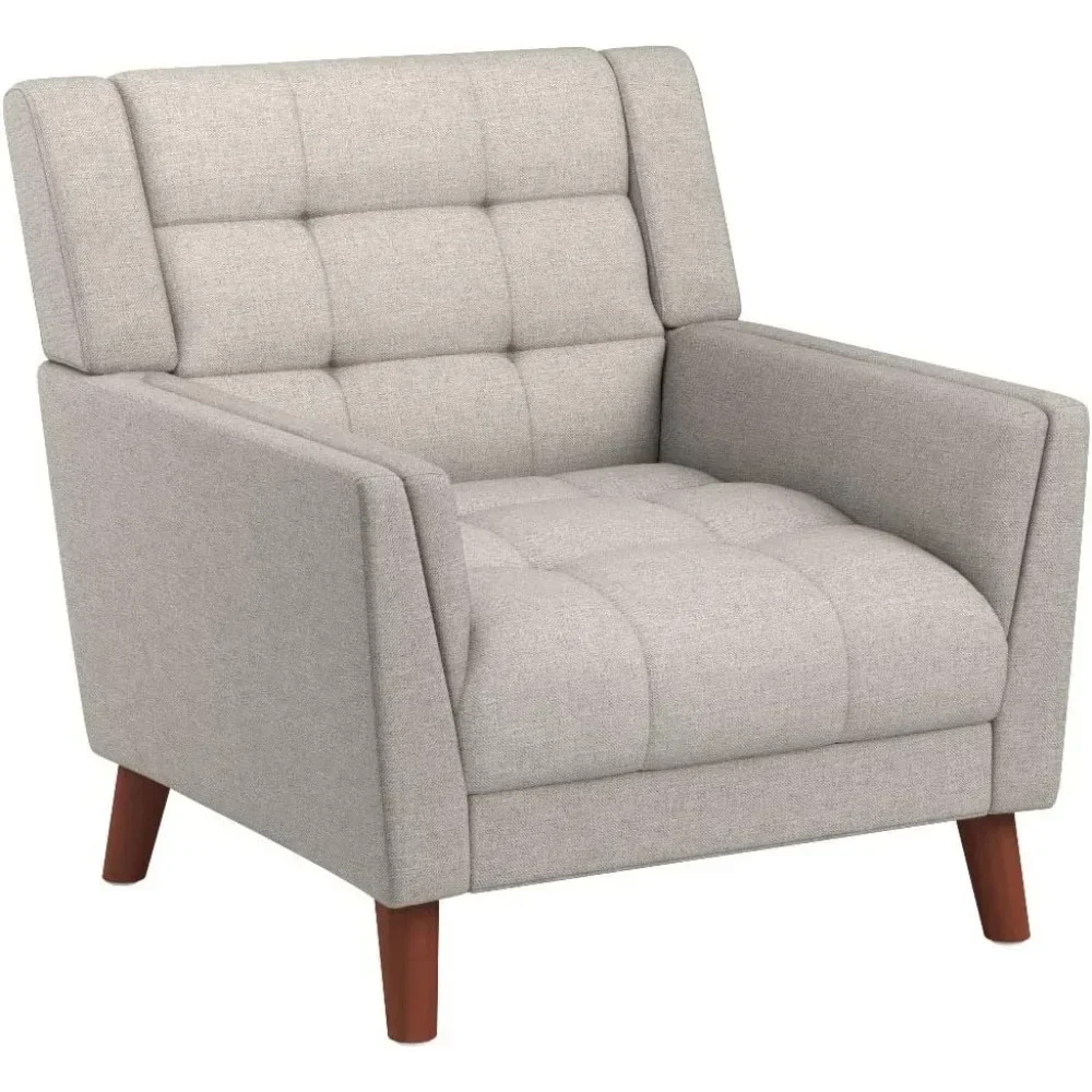 Meados do século Modern Fabric Arm Chair, Noz e linho, Adequado para sala e quarto