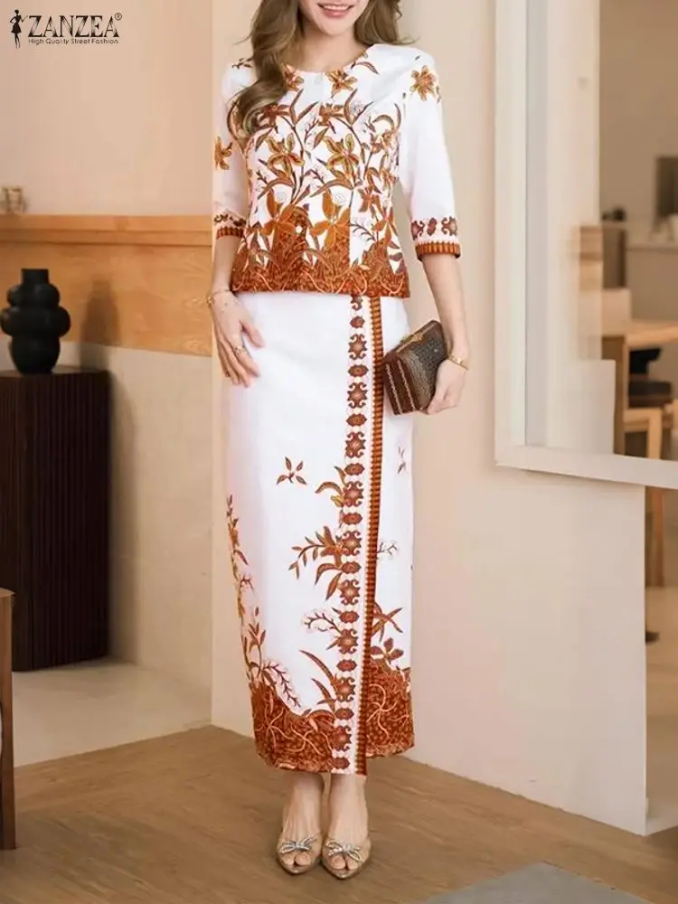 ZANZEA 2025 Autumn Elegant Long Sleeve Blouse Dress Sets Stylish Women Outfits Printed 2 Piece Sets Floral Tracksuit Skirt Suit