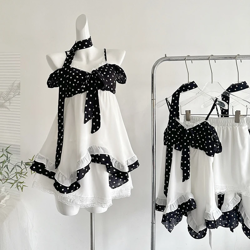 

2-piece Skirt Sets Polka Dot Spaghetti Strap Short Dress Korean Elastic Waist Skirt with Shorts Women Outfits Mini Skirt Suits