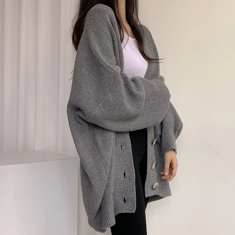 Lucyever Winter New Women Knitted Cardigan Casual Loose V-Neck Single-Breasted Sweater Coat Female Lantern Sleeve Warm Sweaters