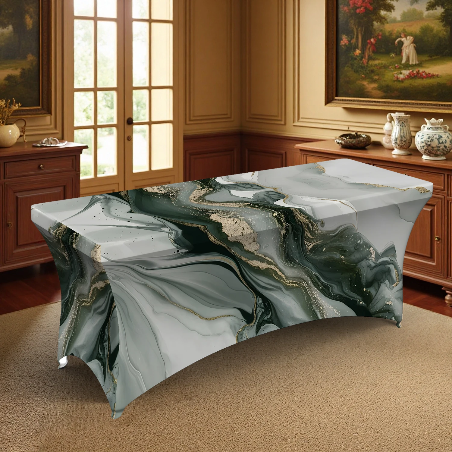 1PC Luxury Green Marble & Gold Vein Stretch Tablecloth, 4/6/8FT Rectangular Elastic Table Cover, Machine Was