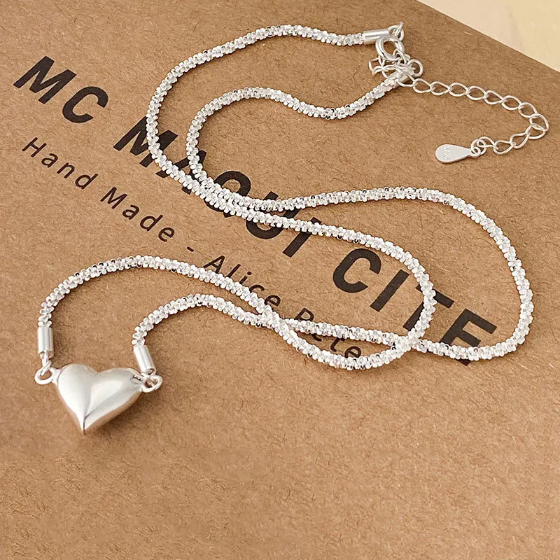 

100% 925 Sterling Silver Love Heart Necklace for Women Girl Smooth Chain Geometric Design Jewelry Birthday Gift Dropshipping