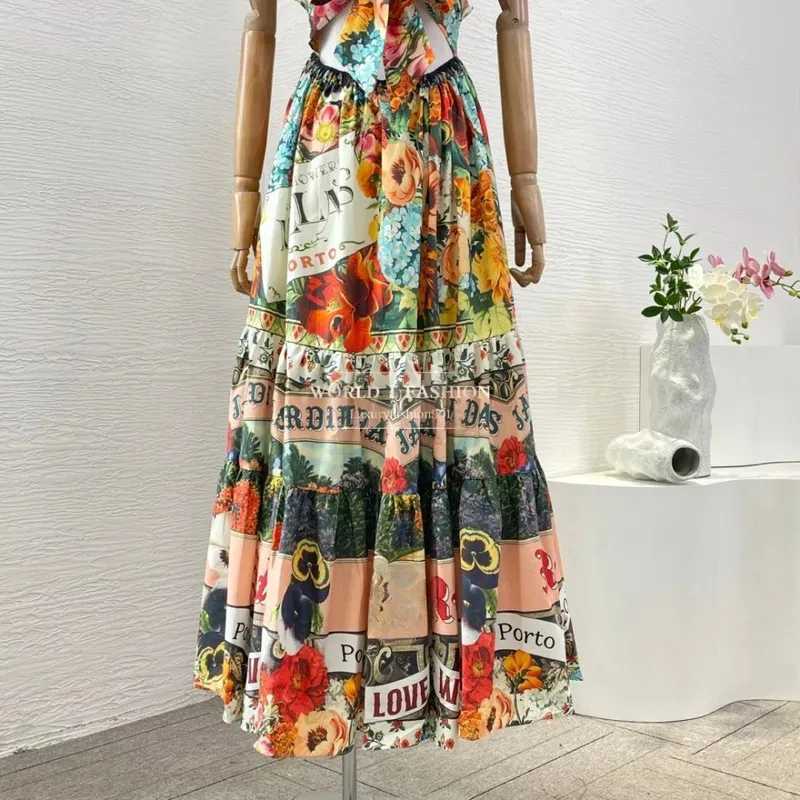 Multi Color Floral Green Forest Floral Print Sleeveless Ruffles Frilled Midi Dress 2025 Cotton