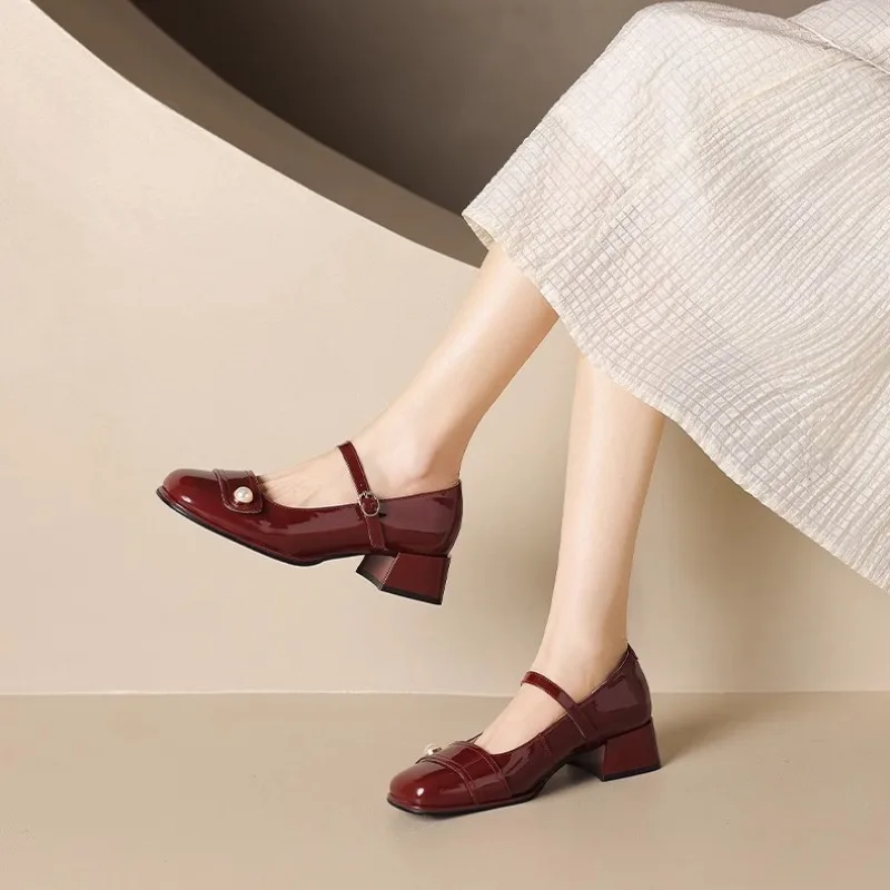 Women's Low-heeled Small Leather Shoes Spring/autumn French Style Thick Heel Square Head Mary Jane Shoes Soft Late Night