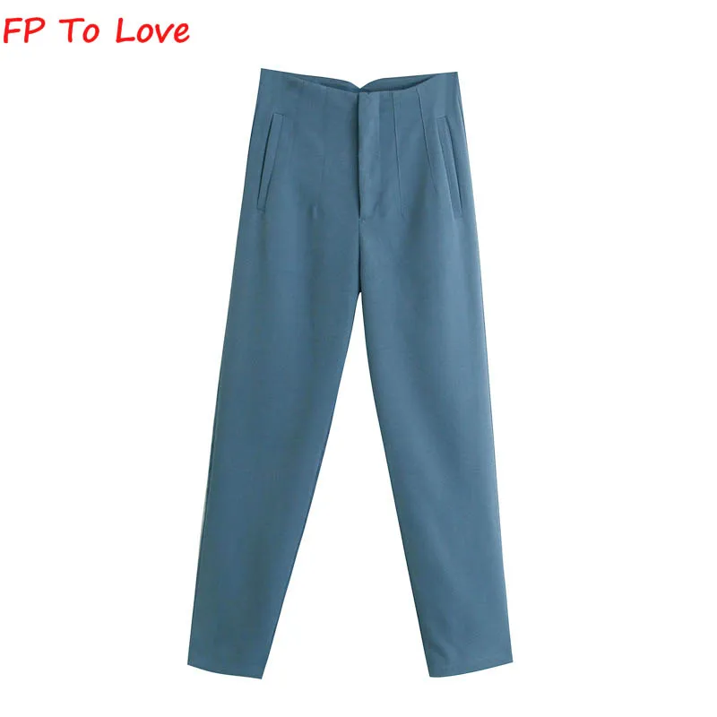 Woman Pencil Pants Elegant Casual High Waist Zipper Trousers Suit 2022 Spring Summer Long Bright Blue Green Beige FP To Love