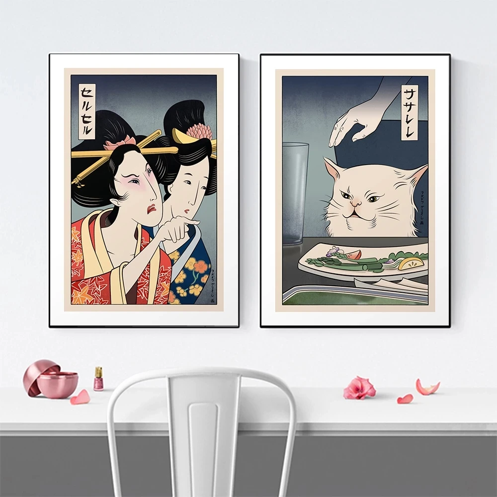 Funny Cute Canvas Painting Japanese Geisha Woman Yelling At Cat Posters and Prints Wall Art Pictures for Living Room Bedroom