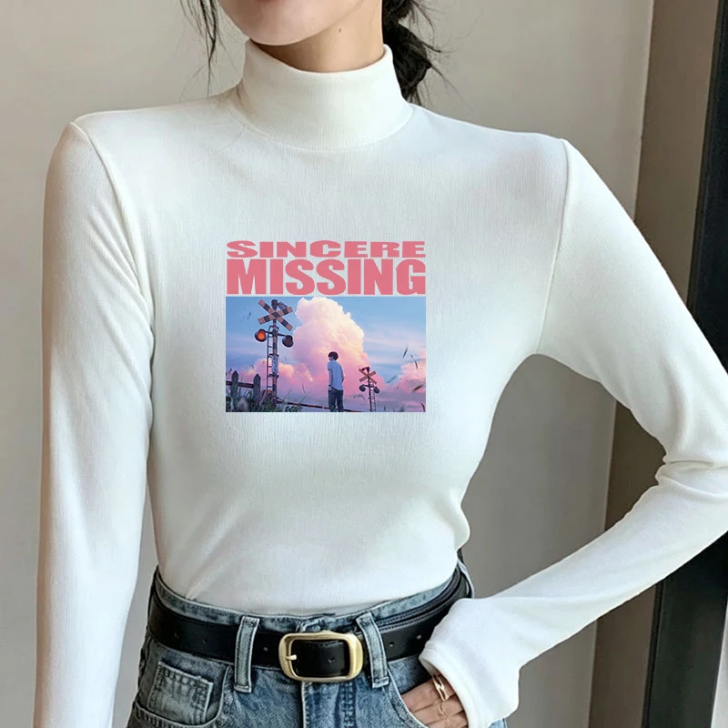 Winter Women's Thermal Brushed Fleece Half Mock Neck Long Sleeve T Shirt Sincere Missing Railway Scenic Graphic Slim Tee