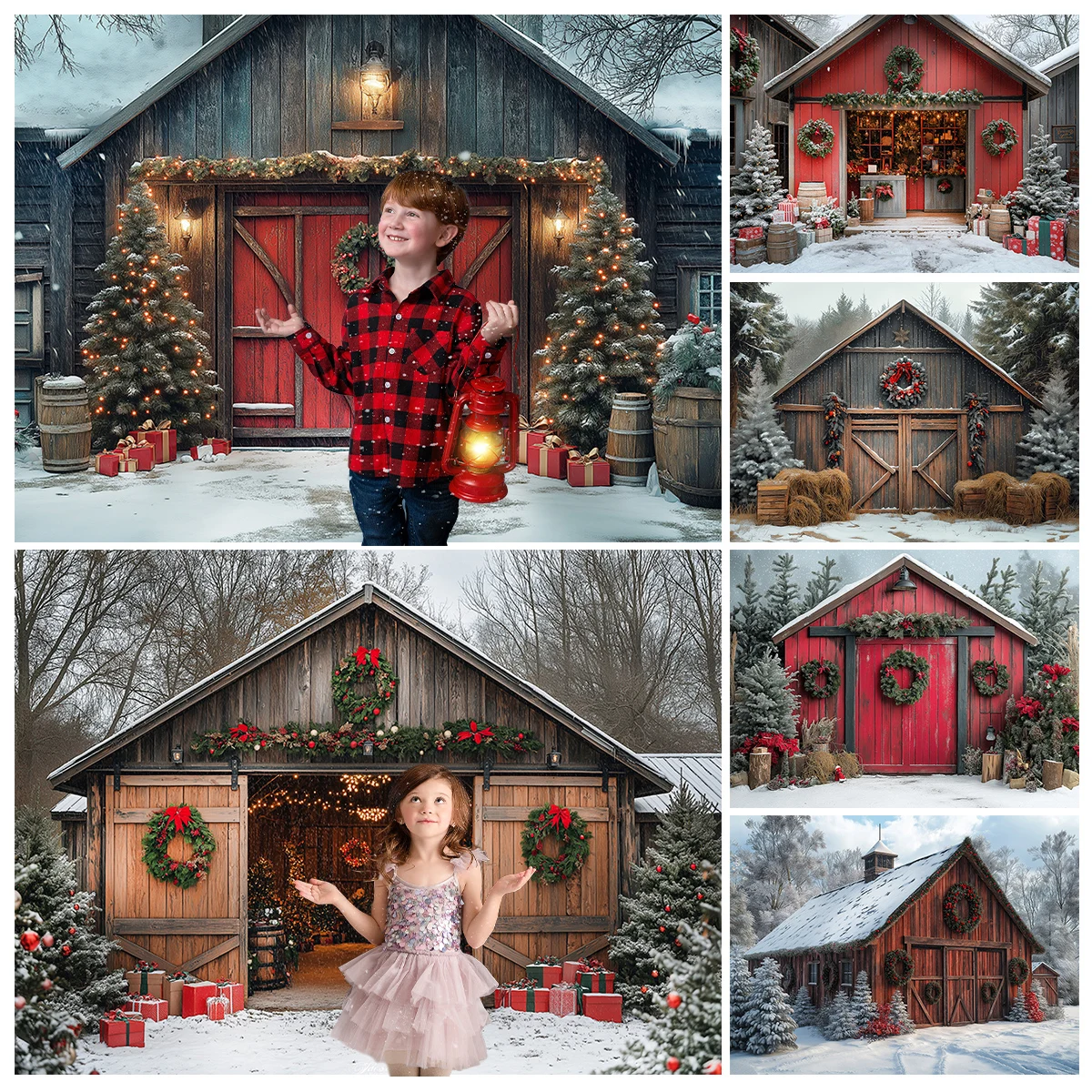 Winter Christmas Barn Cottage Backdrops Kids Family Photography Wooden House Snowy Country Path Snowflake Backgrounds