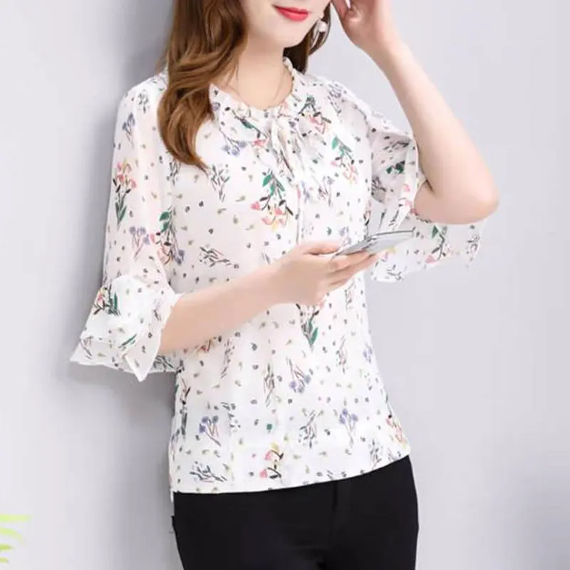 Fashion Broken Flower Printed Blouse Women\'s Clothing Ruffles Spliced Summer New Casual Half Sleeve Commute Drawstring Bow Shirt