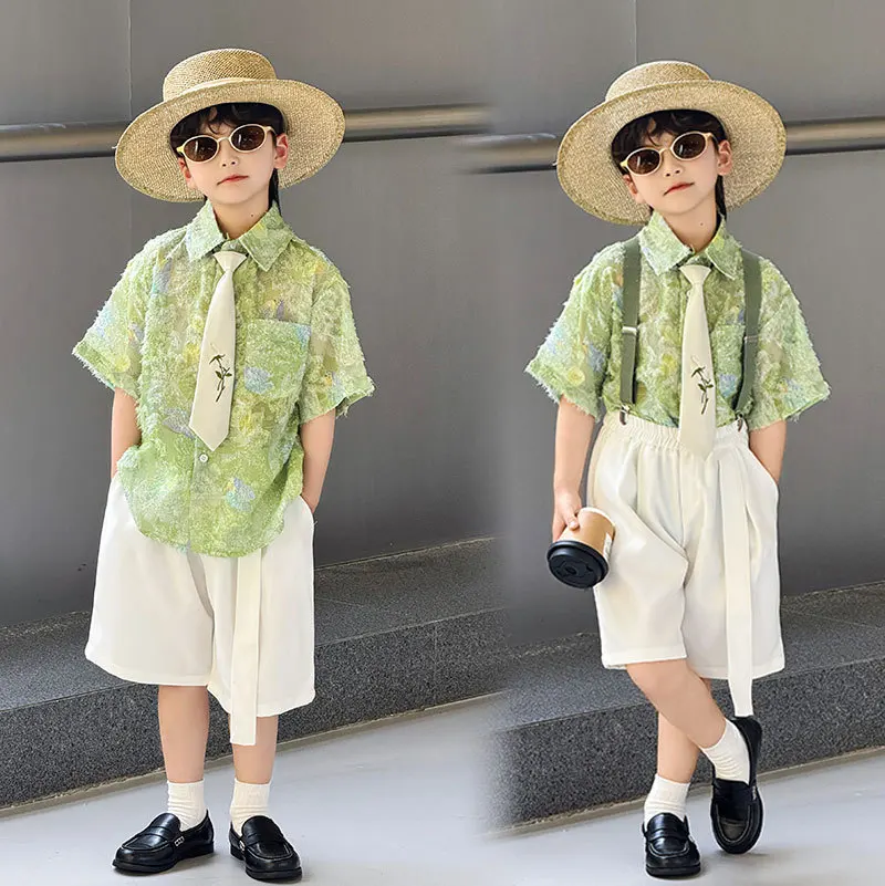 2026 New Fresh Casual Printed Strap Shorts Set Performance Boys