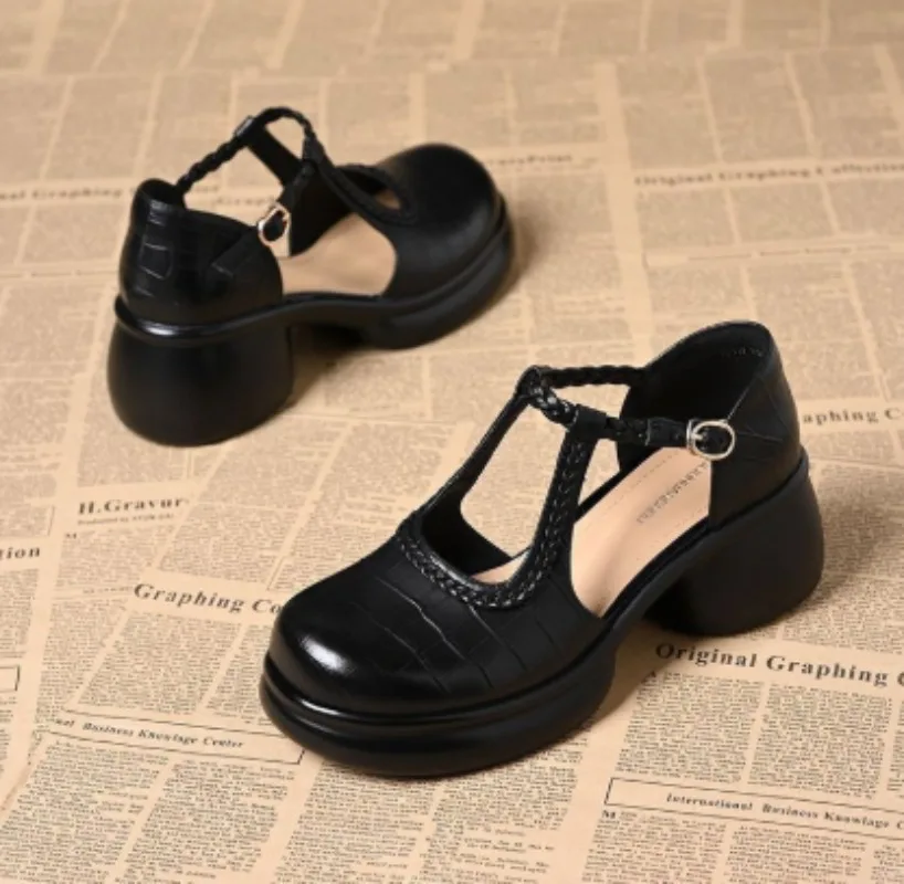 Women Black Croc‑Embossed Mary Jane Sandals T‑Strap Buckle Cutout Design Platform Chunky Block Heel Closed Toe Daily Shoes