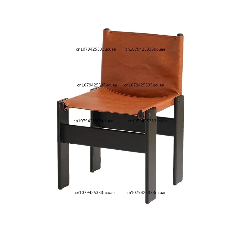 

Monk Chair Vintage Solid Wood Dining Chair Wabi-Sabi Style Retro Genuine Leather Home Designer Restaurant Backrest Dining Chair