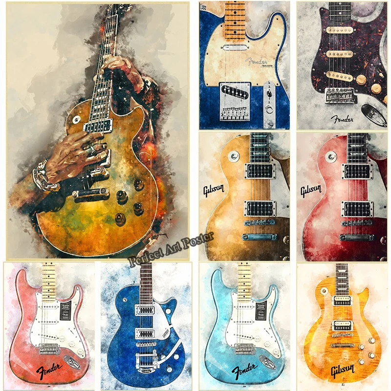 Watercolor Guitar Musical Instrument Poster RockN Roll Electric Guitar Prints Canvas Painting Wall Art Home Music Room Decor