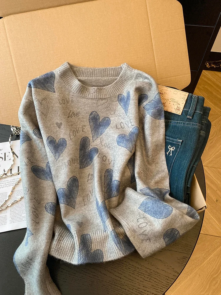 

Women contrasting color heart-shaped letter jacquard knitted sweater women's long sleeved autumn and winter new sweater