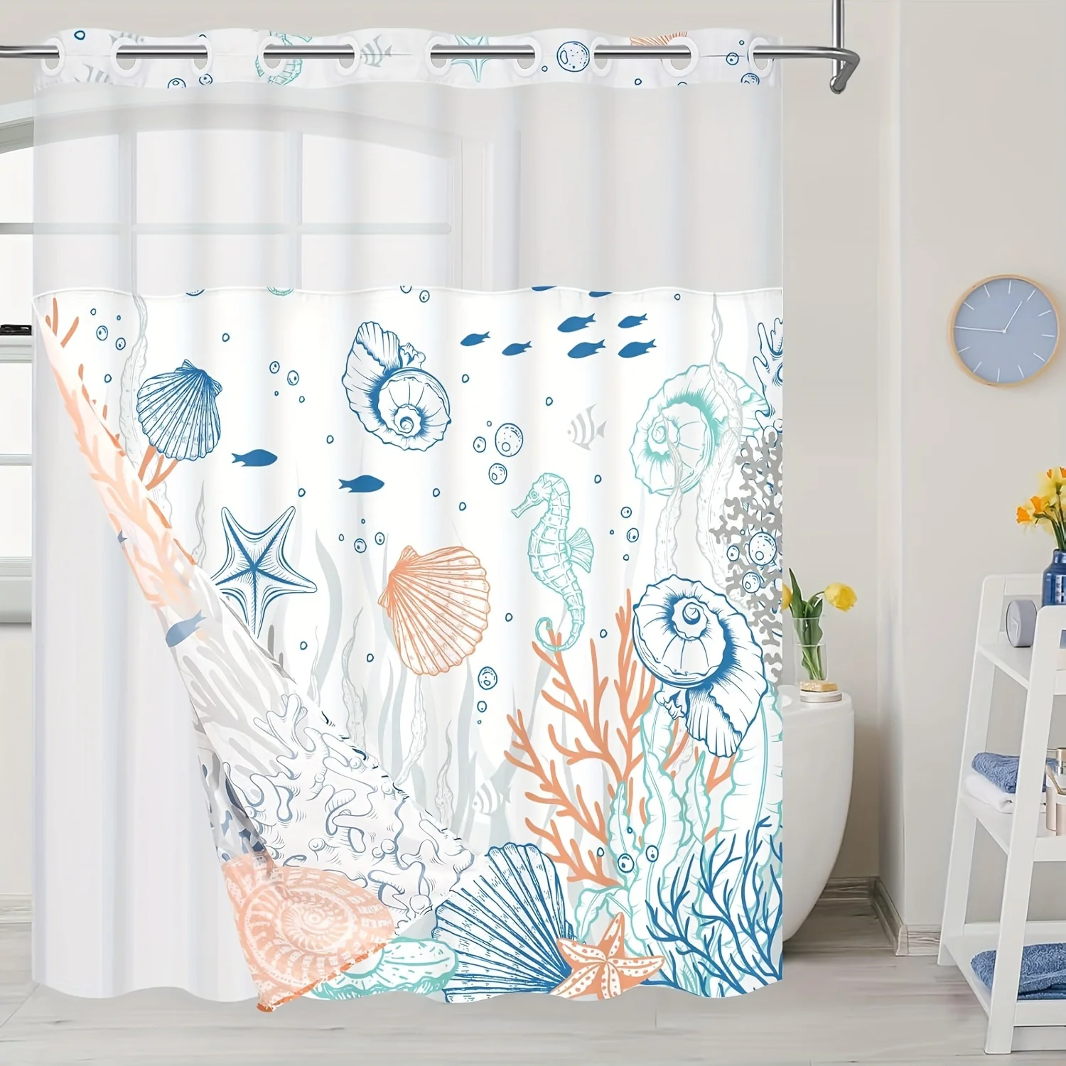 

Coastal No Hook Shower Curtain With Snap In Liner, Nautical Beach Shower Curtain With Liner, Hotel Style Shower Curtain With See Through Top Window, Double Layer, Waterproof, 71" X 74"