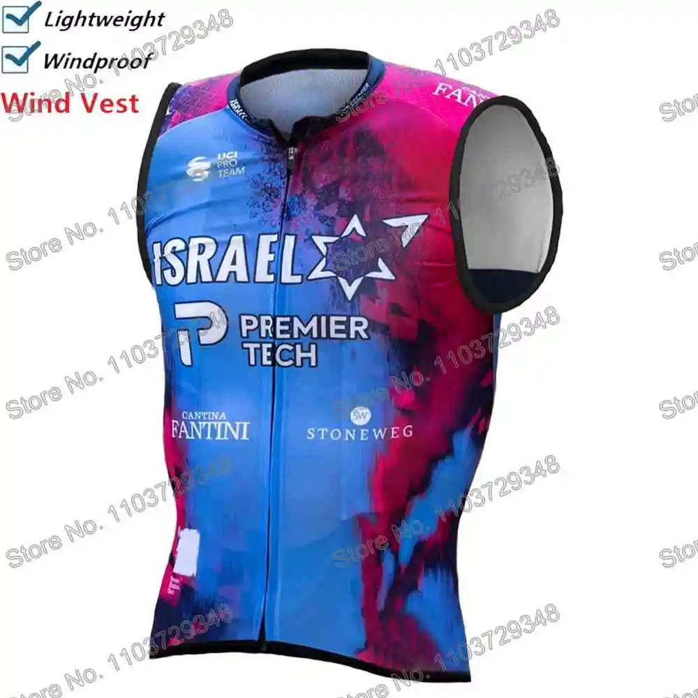 Israel Premier Tech 2025 جولة فرنسا سترة ركوب الدراجات سترة واقية من الرياح سباقات المحترفين رجال سترة واقية من الرياح صيف قميص ركوب الدراجات على الطرق بدون أكمام دراجات جبلية نساء سترة دراجة ملابس رياضية