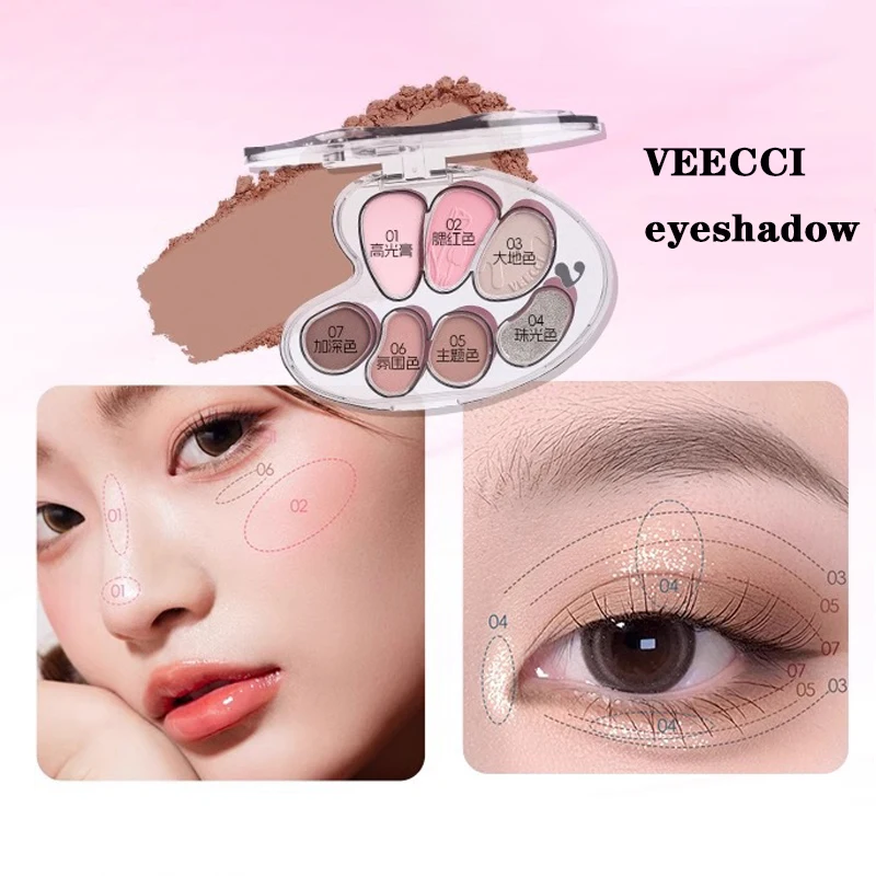 VEECCI Paleta de sombras de 7 cores, blush, destaque, tudo em um, de longa duração, sem manchas, à prova d'água, fosco, brilho, veludo, maquiagem aquosa