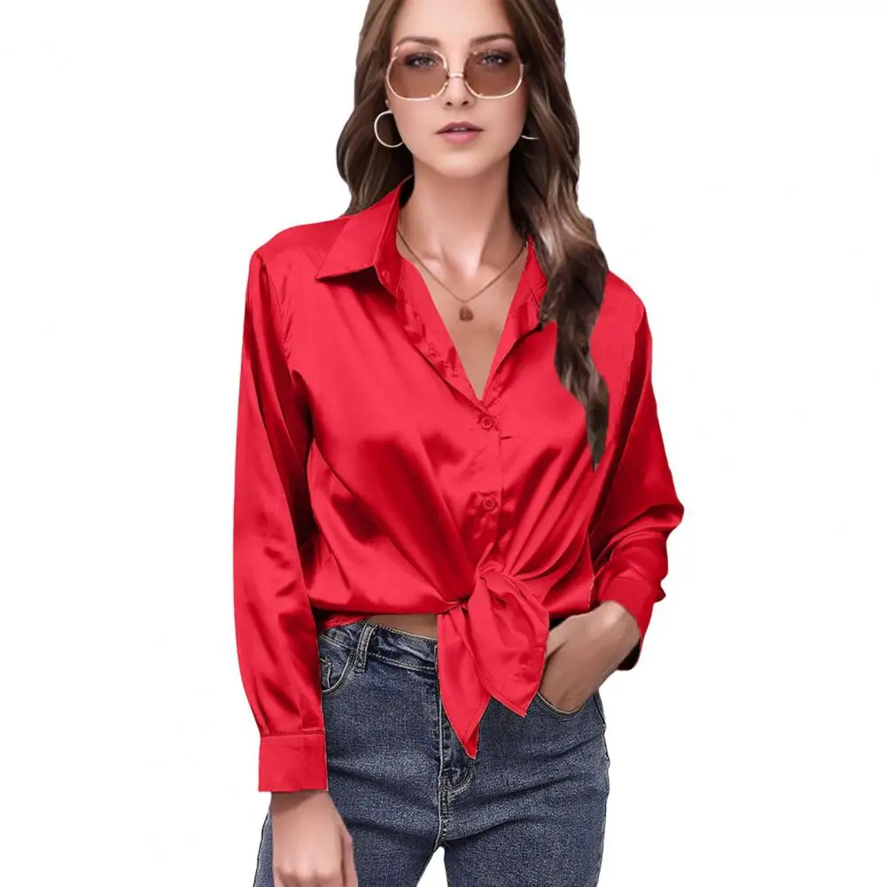 

Regular Fit Women Top Elegant Satin Lapel Shirt for Women Long Sleeve Solid Color Office Lady Top Loose Fit Wear Blouse Women