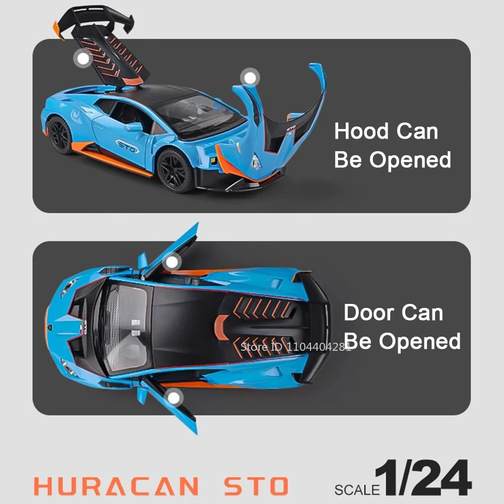 1:24 Lambor Huracan STO SCV12 Model Toys Alloy Diecast Cars Doors Opened with Sound Light Pull Back Vehices Boy's Birthday Gifts