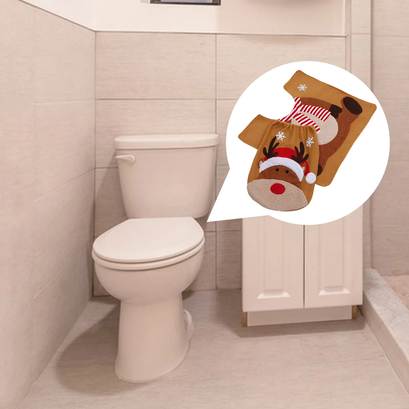 

1 set 1 Set Elk Design Christmas Floor Mat Set Xmas Toilet Decoration Cute Toilet Lid Protector Polyester Bathroom Floor Cushion