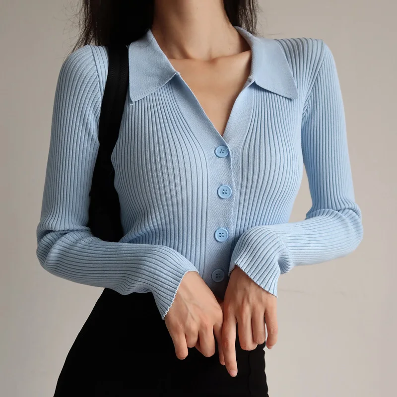 2023 Autumn Cardigans Women Single Breasted V-neck Knitted Sweater Fashion Short Knitwear Solid Blue White Green Women\'s Jumpers