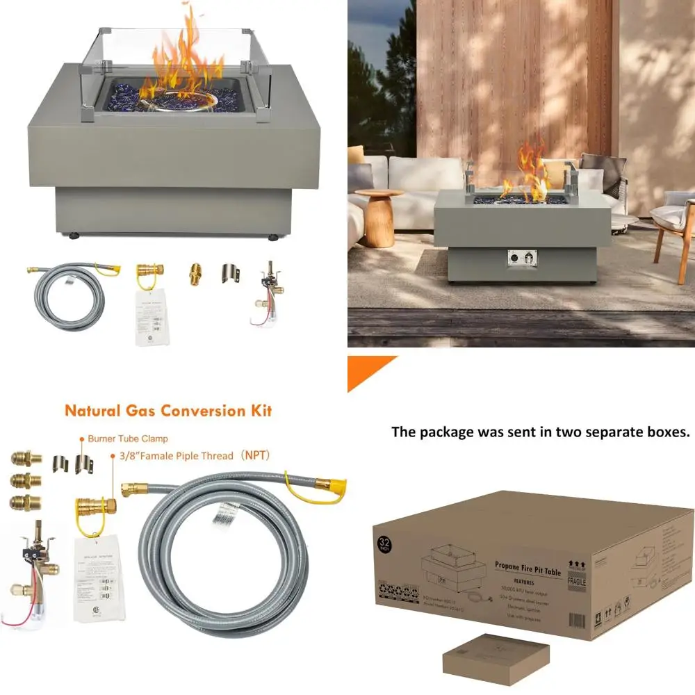 

Современный уличный дворик, стол для костра, квадратный, 50 000 БТЕ, комплект для переоборудования природного газа, ветровое стекло, 32,5 дюйма