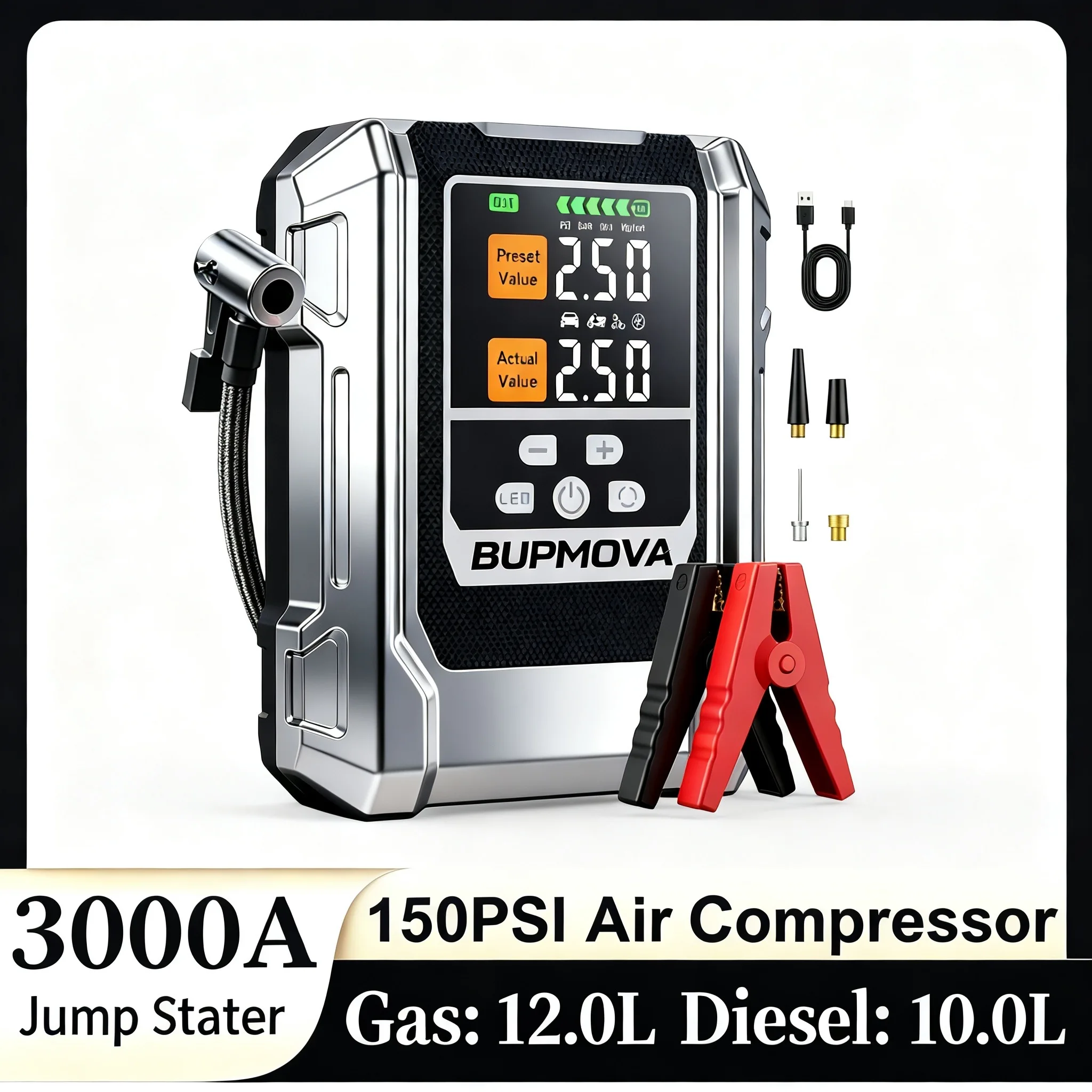 Auto-Notstartgerät, 150 PSI mit Luftkompressor, Spitzenleistung 3000A, Autobatterie-Booster, Tragbare Powerbank, Reifenfüller (für alle Dieselmotoren und 14,0L Dieselmotoren).
