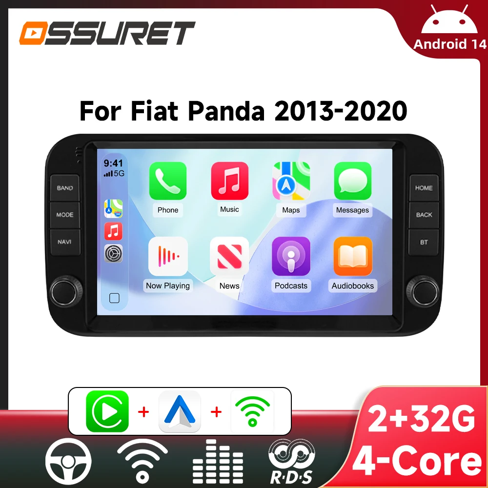 1DIN Android 14 Autoradio per Fiat Panda 2013-2020 Panda Van 2007 Multimediale GPS DSP Autoradio Carplay Lettore schermo intelligente