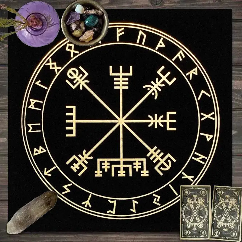VIKAMA Black Gold Viking Rune Tarot Tablecloth, Mystical Divination Altar Cloth Ritual for Spiritual Room Decor, Witchy