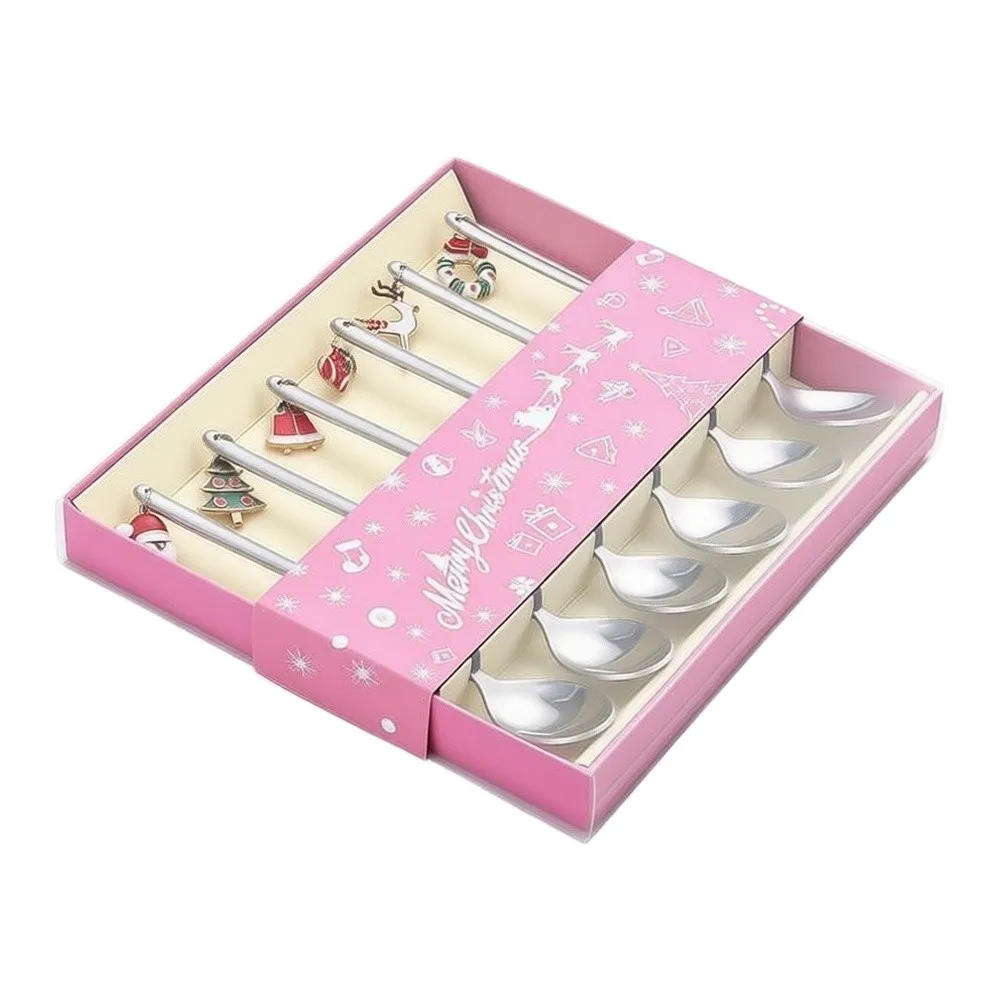 Stainless Steel Coffee Spoon Set 6 Count Featuring Rust-Resistant Construction and Festive Pendant Charm Design
