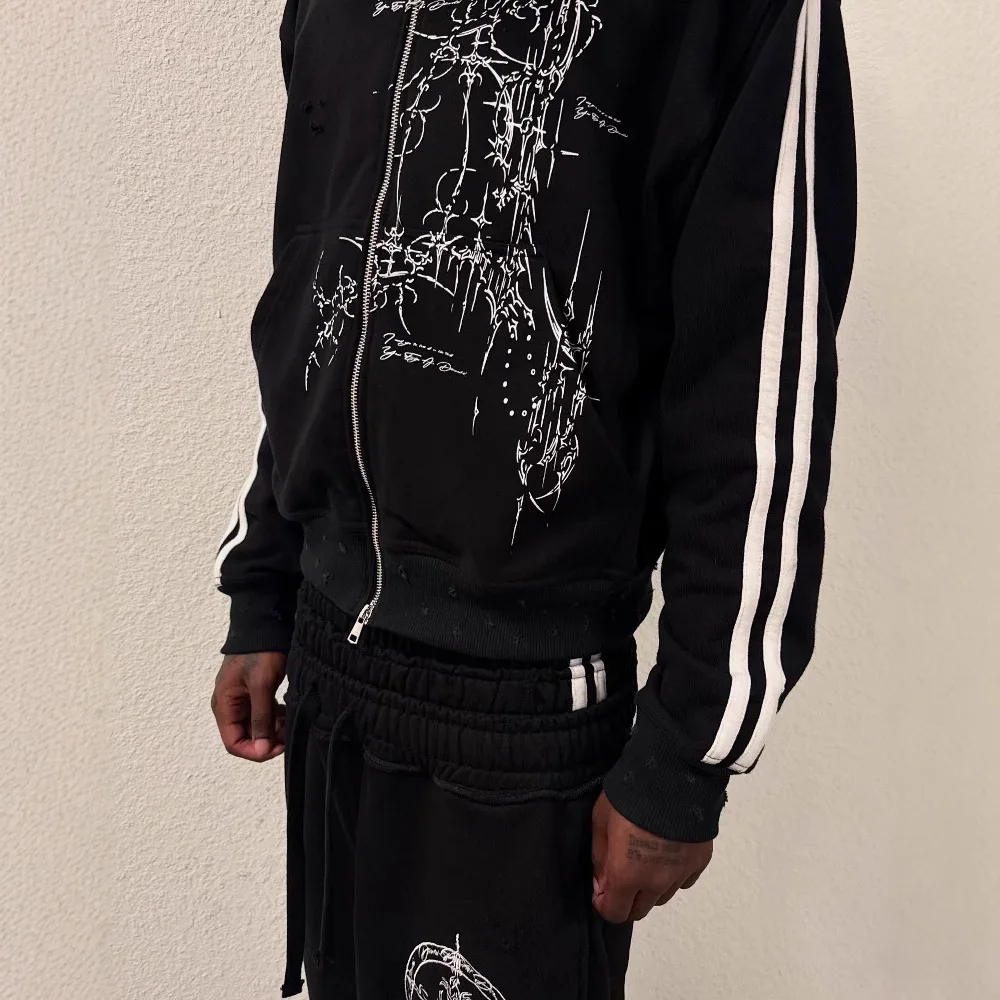 

Dark punk zipper cardigan sweatshirt, autumn and winter American retro printed hooded black striped jacket