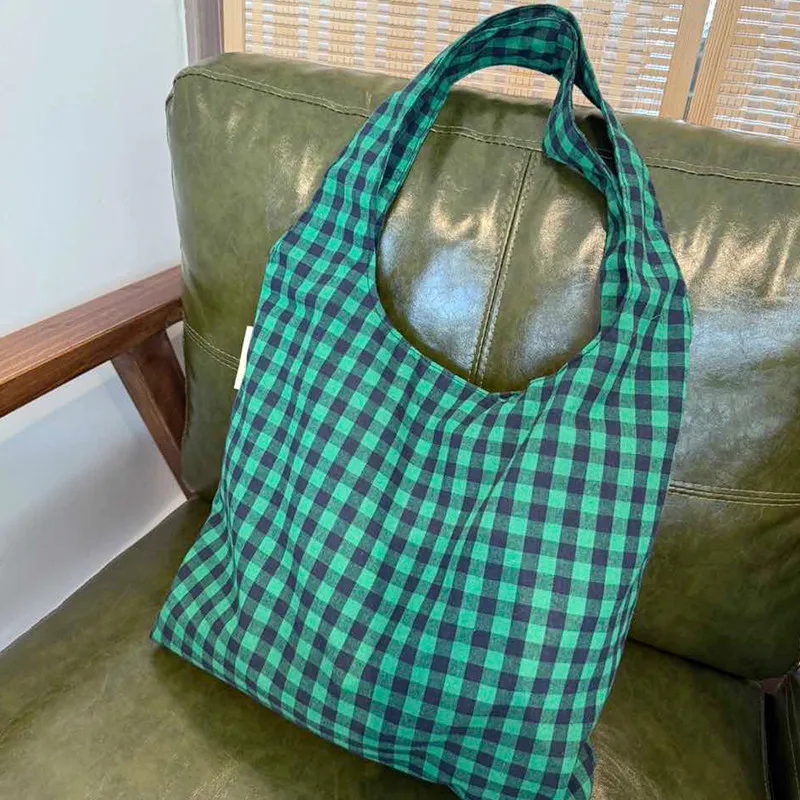 Vintage Plaid Damen Weste Umhängetaschen große Kapazität weibliche wieder verwendbare Einkaufstasche Baumwoll tuch Schulmädchen Buch Einkaufstaschen – Detail 11
