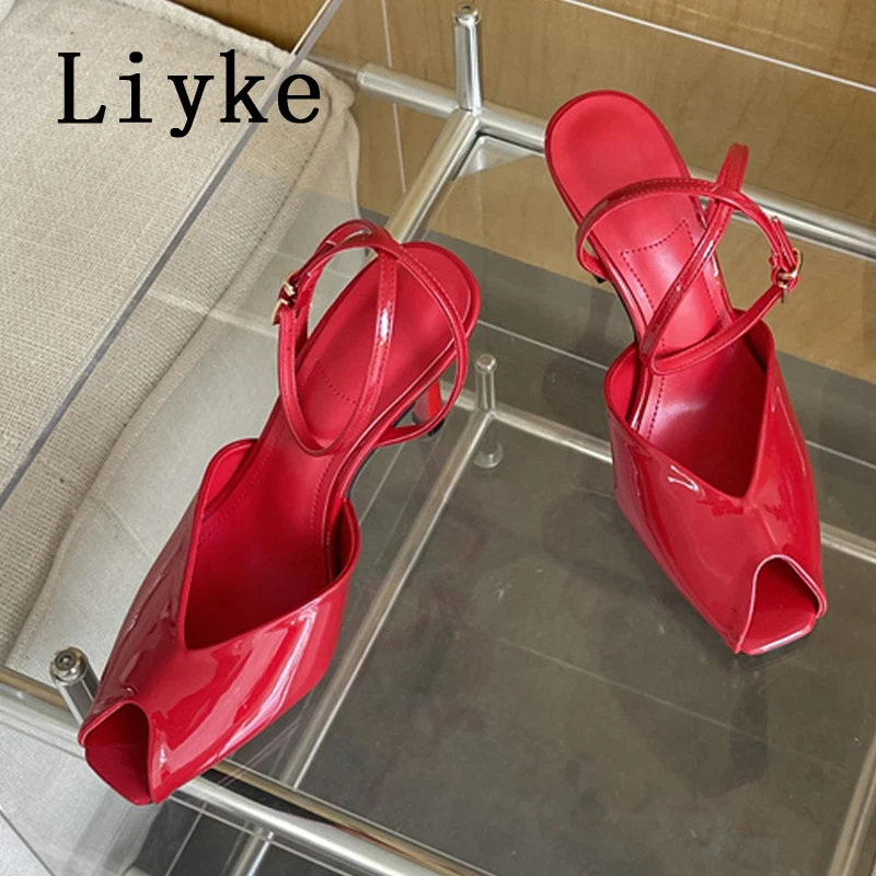 Liyke Designer High Heels Gladiator Sandals Women Summer Cozy Patent Leather Peep Toe Buckle Strap Ladies Party Dress Shoes Red