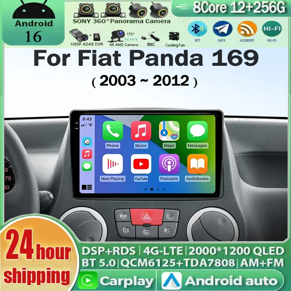 

Android 16 Car Radio CarPlay Android Auto For Fiat Panda 169 2003 - 2012 Car Multimedia Player Wireless GPS WIFI 4G 2din Autorad