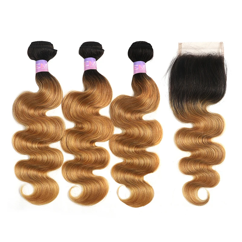 Ombre Blonde Body Wave Human Hair Bundles With Closure 4x4 Brazilian Non-Remy Human Hair Weave Extensions With Closure Kemy Hair