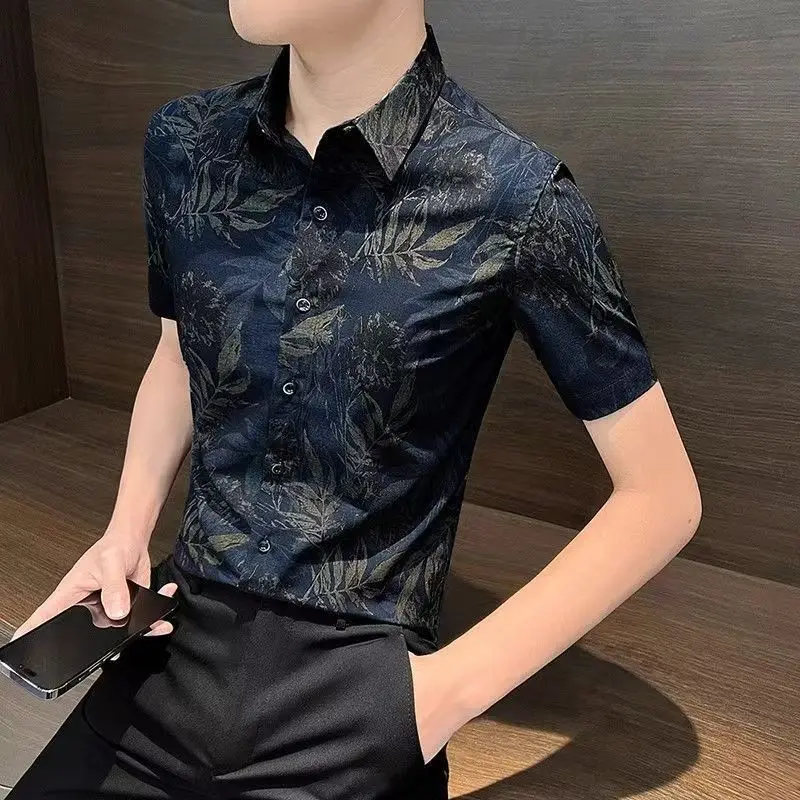 

Men's Summer Short Sleeve Shirt Ice Silk Casual Button Down Shirts Slim Fit Floral Printed Fashion Male Clothes Luxury Style