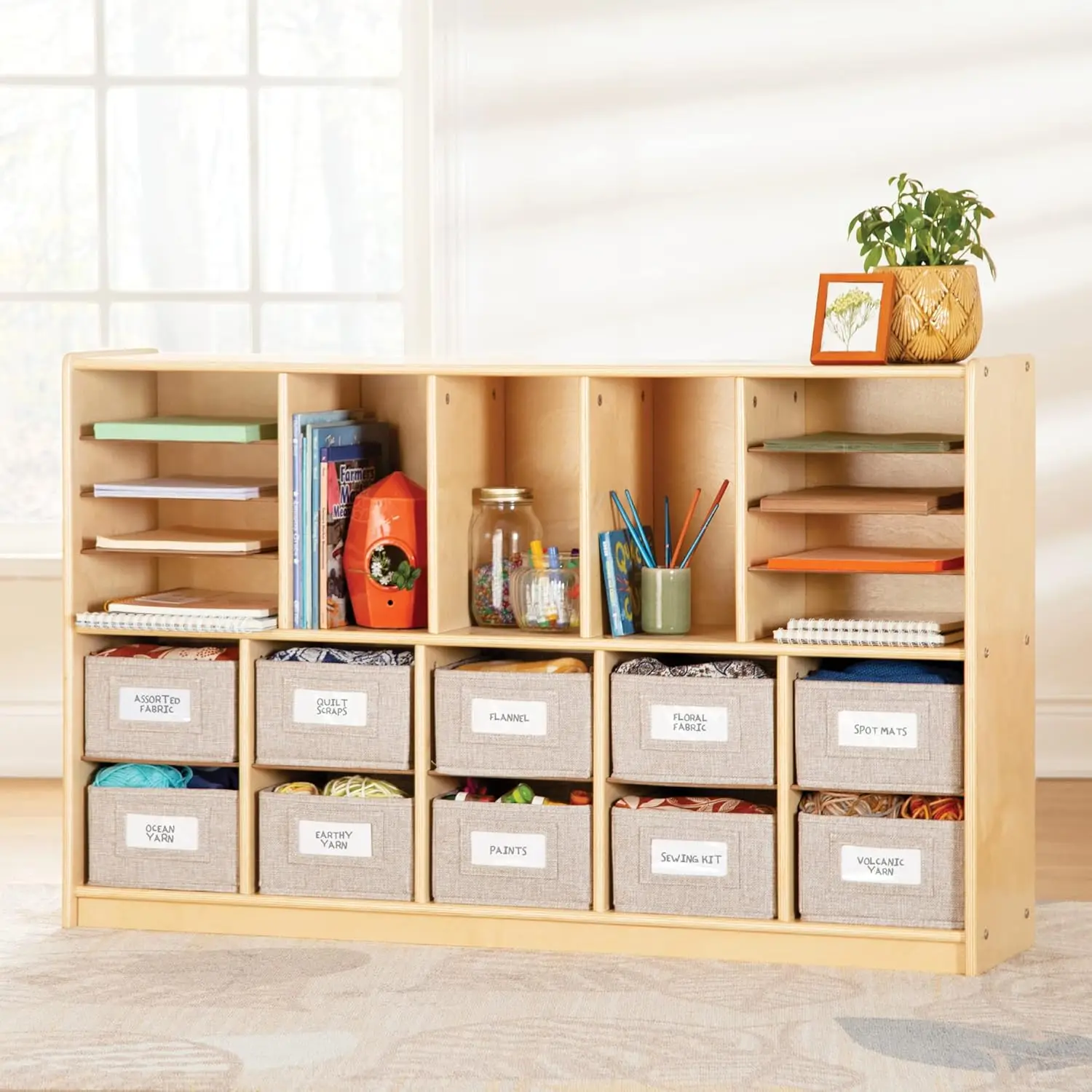 Shelves and 10 Bin Storage Unit- Natural: Multi-Functional Cube Storage Organizer or Bookcase, Wooden Cabinet for School andHome