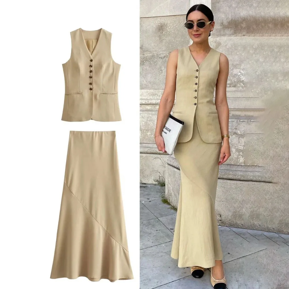 Women Vest Skirt Sets Female Khaki Long Blazer Vest V Neck Sleeveless Slim Top+Elegant High Waist A Line Skirt Suit TRAF