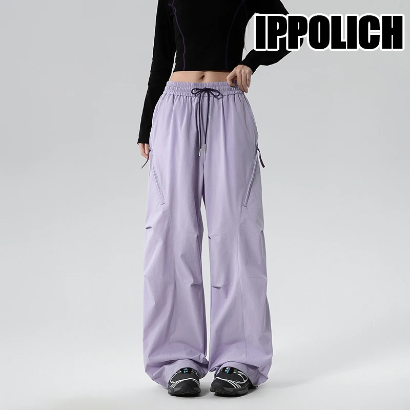 Women Outdoor Wide Leg Pants Elastic Drawstring Waist Quick Dry Lightweight Hiking Trousers Zipper Pockets Casual Pants