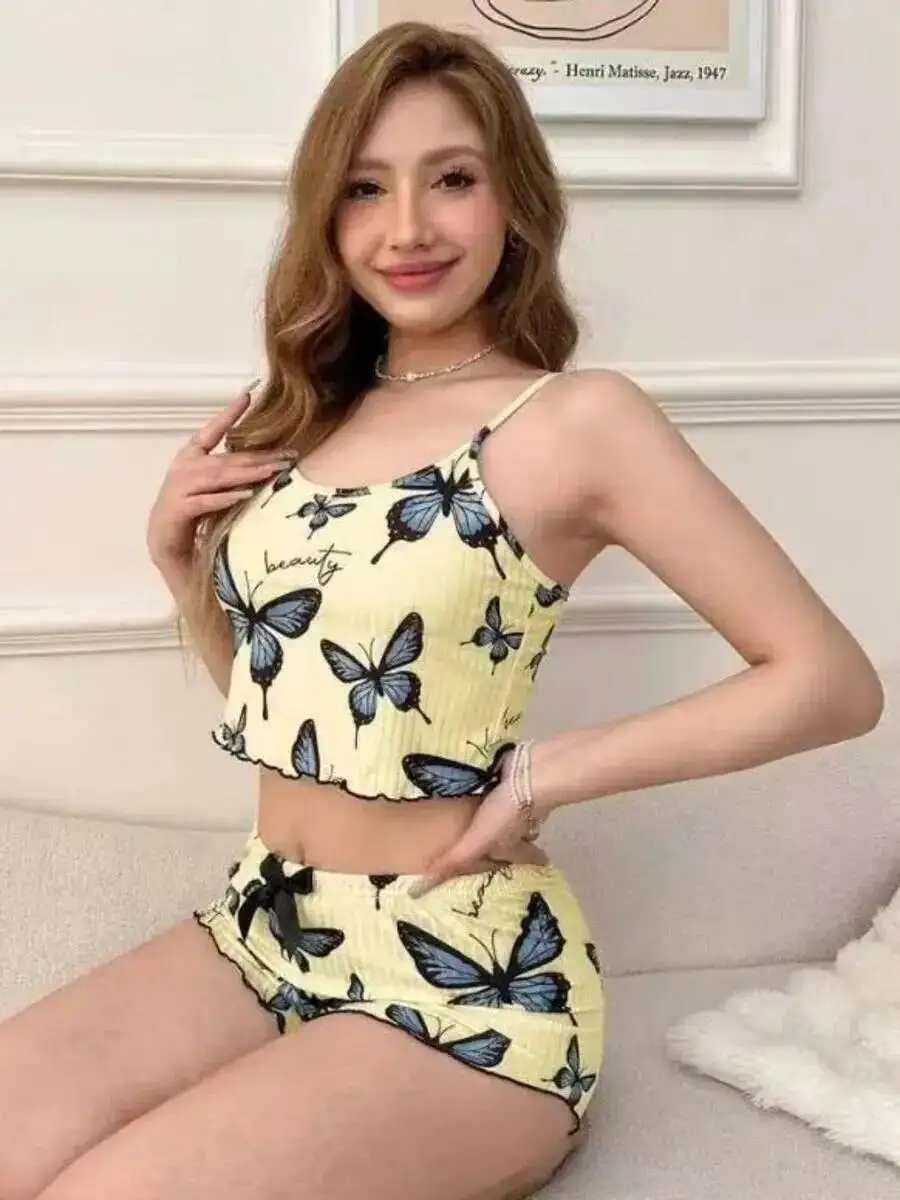 Casaul Pure Desire Shorts Sets For Women New Butterfly Printed Homewear Ribbed Backless Deep V Sleeveless Shorts Sets LWLI