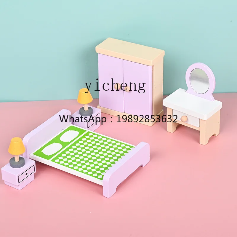 Zz zc modelo em miniatura casa de brincar cama pequena sofá guarda-roupa cômoda candeeiro de mesa de cozinha quarto brinquedos de madeira