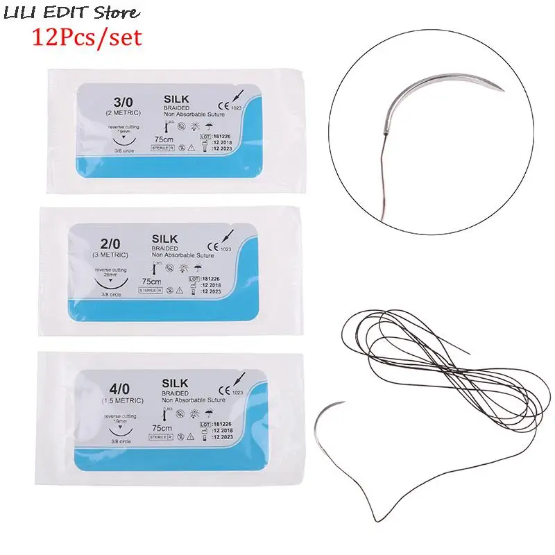 Hot Sale 12PCS 75cm 2/0 3/0 4/0 Dental Surgical Needle Silk Medical Thread  Suture Surgical Practice Kit