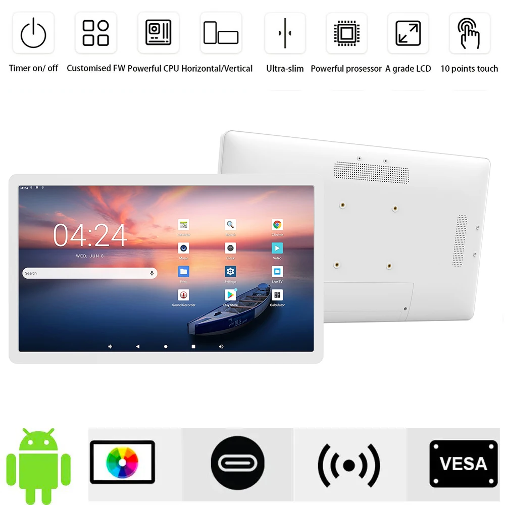 Android PoE Industry Tablet, Monitor de Parede-Touch Screen, Wi-Fi, RJ45, Tipo C, HDMI, 4GB, 32GB, 16 ", 1920x1200, RK3399, 2 em 1