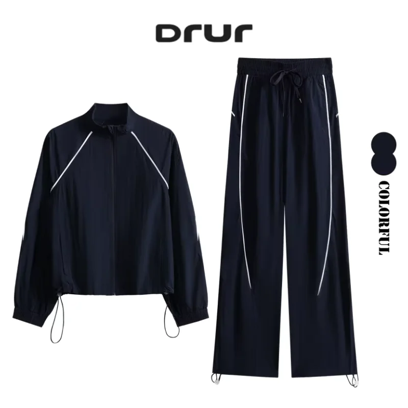 

Комплекты женских спортивных брюк DRUR с спортивной курткой на молнии и широкими спортивными штанами в контрастную полоску для бега, спортивный костюм для йоги