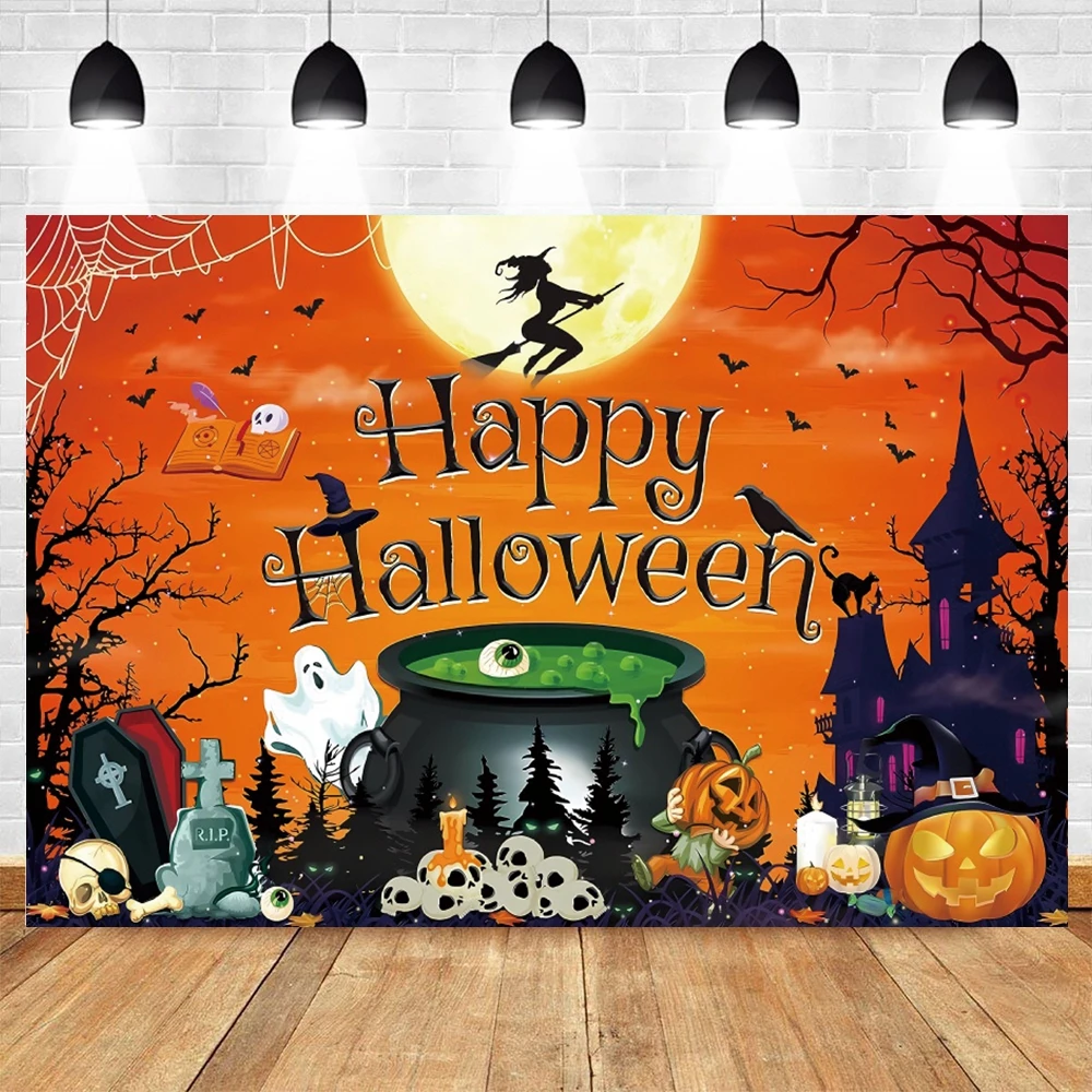 Happy Halloween Backdrop Horror Moon Pumpkin Witch Bat Castle A Little Boo is Almost Due Baby Photography Background Party Decor