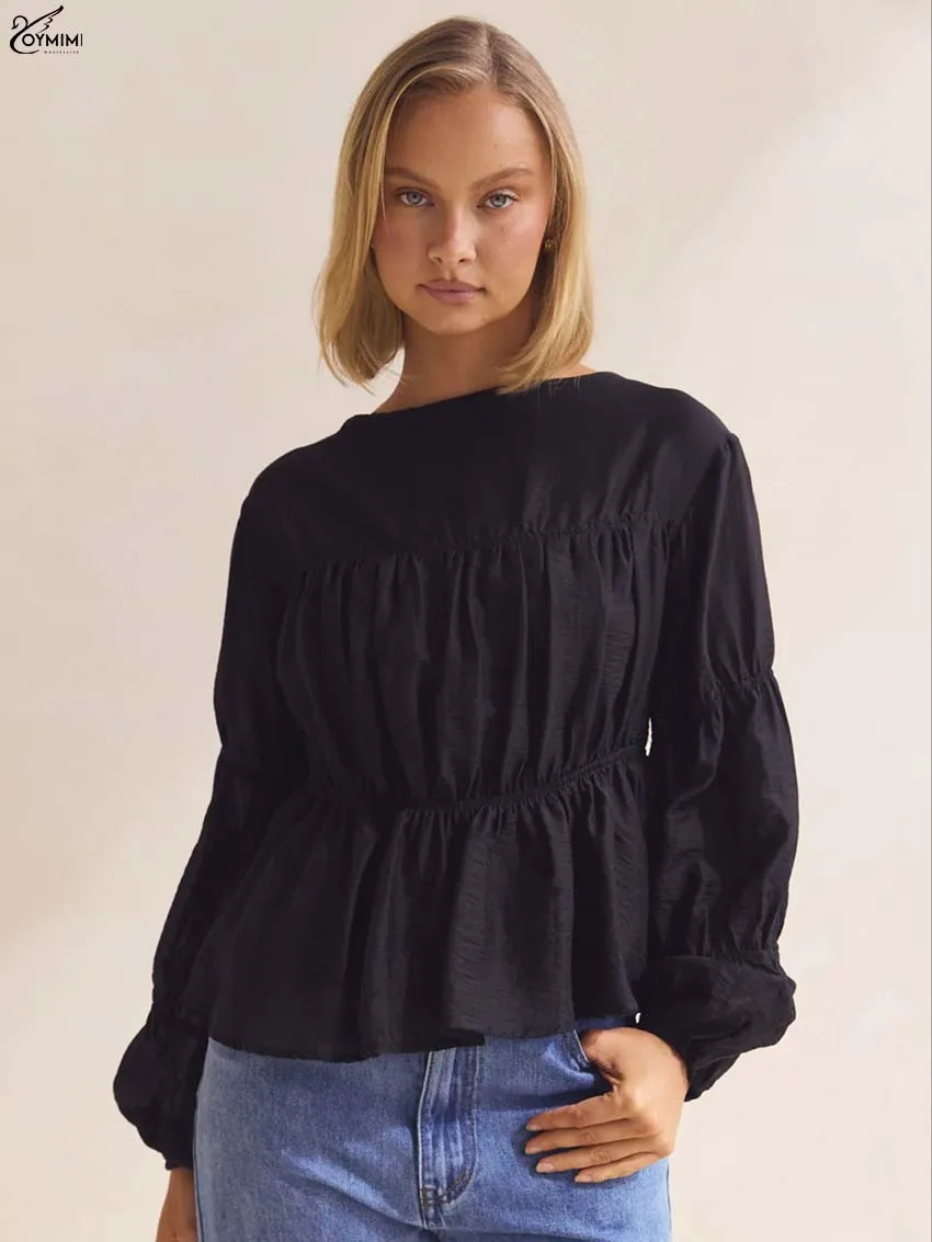 Oymimi Fashion White O-Neck Women's Blouse Elegant Long Sleeve Pleated Loose Blouses Autumn New Solid Female Blouse Streetwear