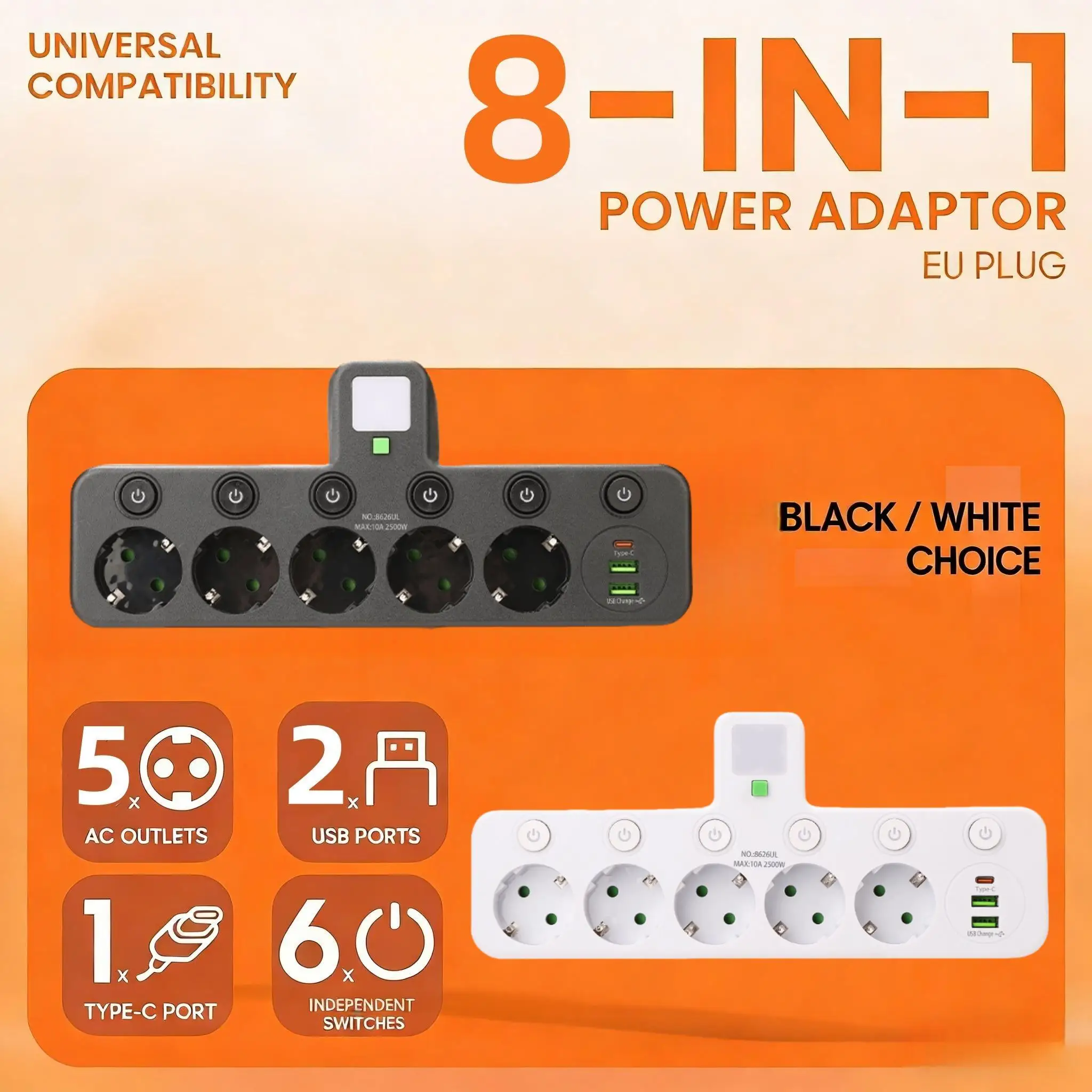EU plug power supply, 5 AC sockets with or without 2 USB ports and 1 Type-C port, no extension cord, separate switch power socke